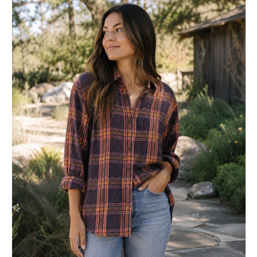 Madewell Classic Ex-Boyfriend Shirt Womens M Orange Navy Plaid Cotton Button
